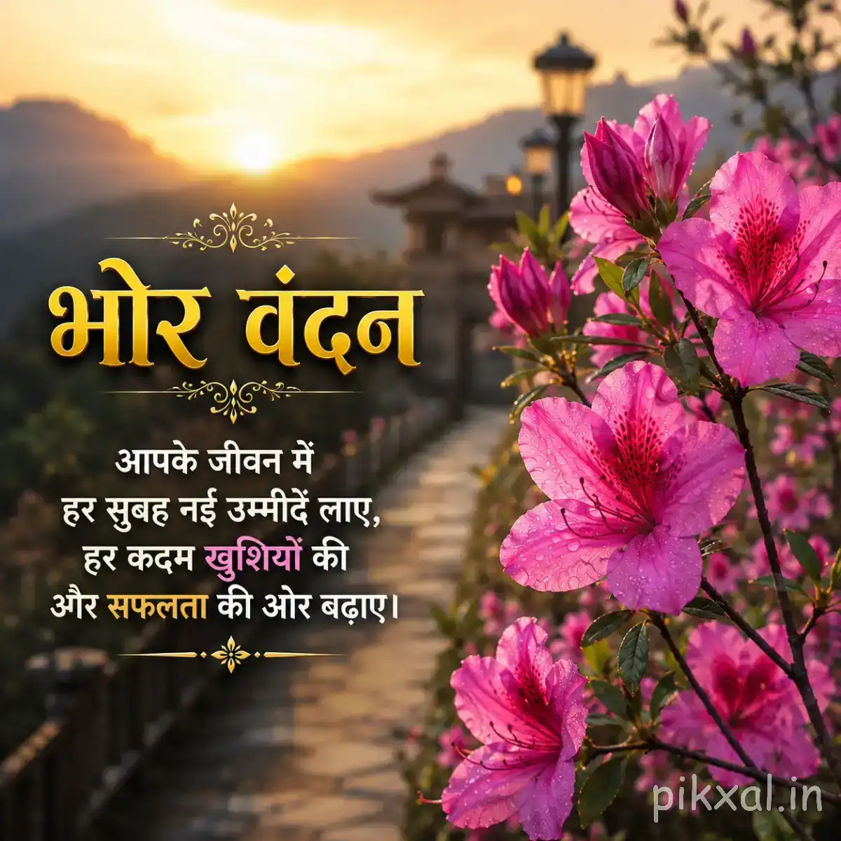 Cluster of pink flowers on a leafy branch beside a sunlit pathway with a Hindi morning greeting