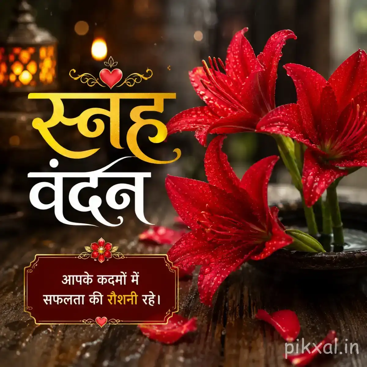 Several deep red flowers with pointed petals and dark foliage illuminated by warm candlelight