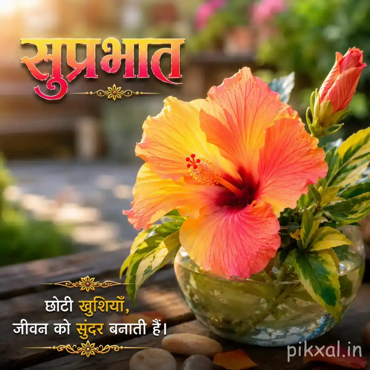 Peach-orange flower with a pink center, unopened bud, and green leaves beside a rustic pot