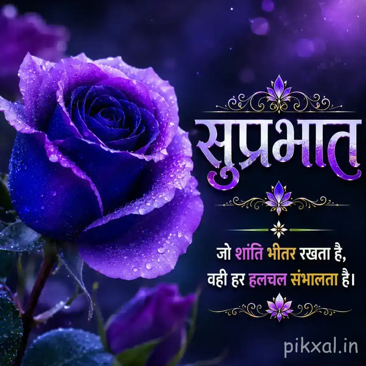 Single deep purple-blue flower with layered petals and a dark center against a softly glowing purple background