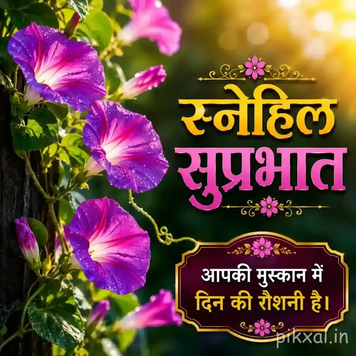 Purple and pink trumpet-shaped flowers growing along slender green stems with leafy foliage