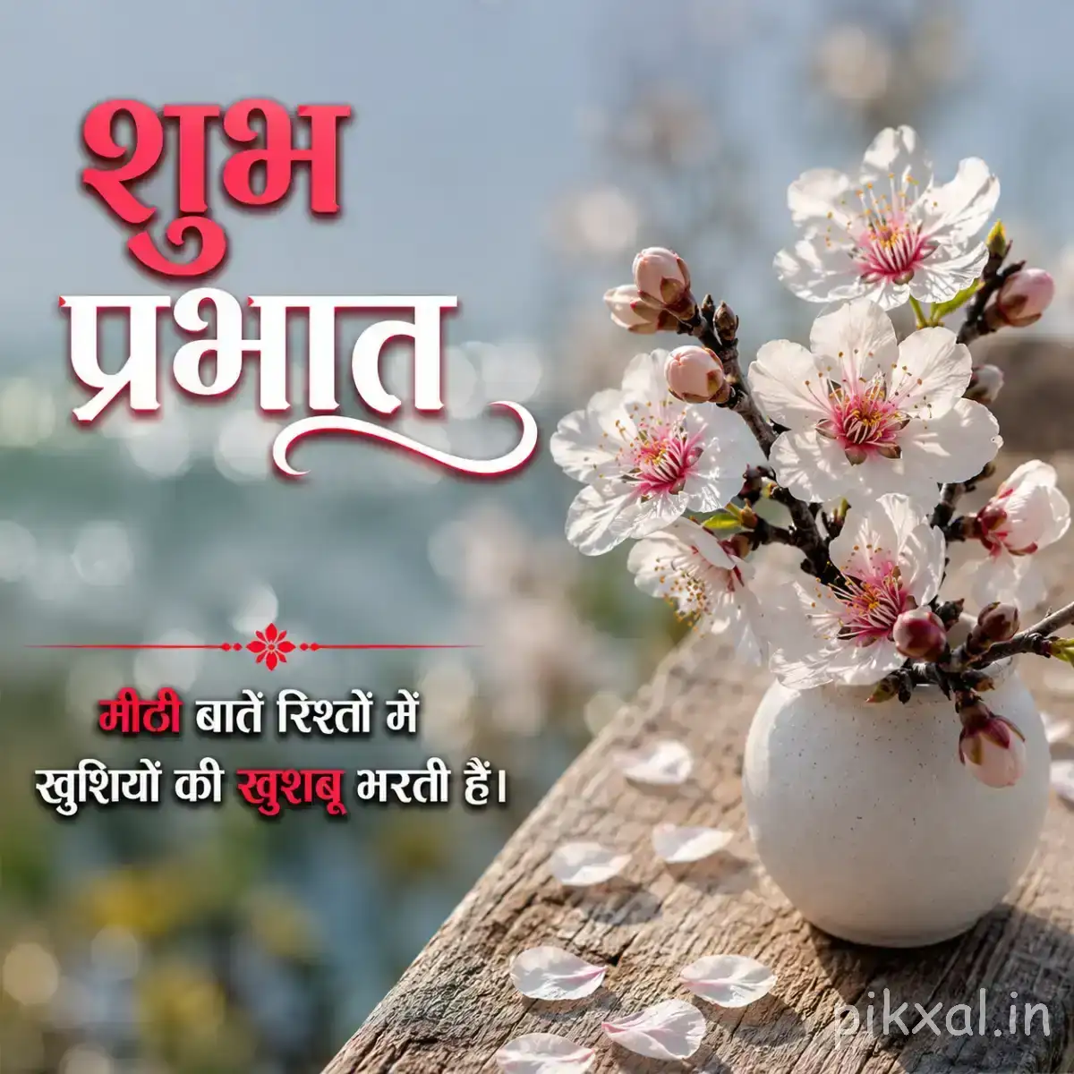 White and pale pink blossoms with brown branches arranged in a small white vase beside a Hindi morning wish