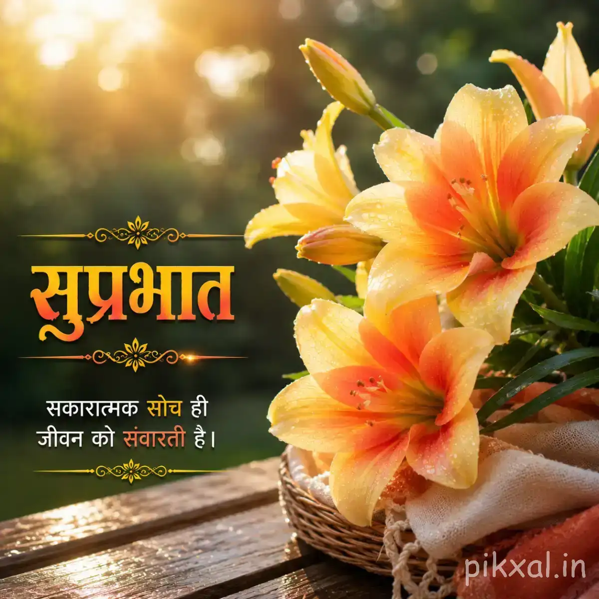 Peach and yellow good morning flower images download with layered petals arranged in a white vase on a wooden surface