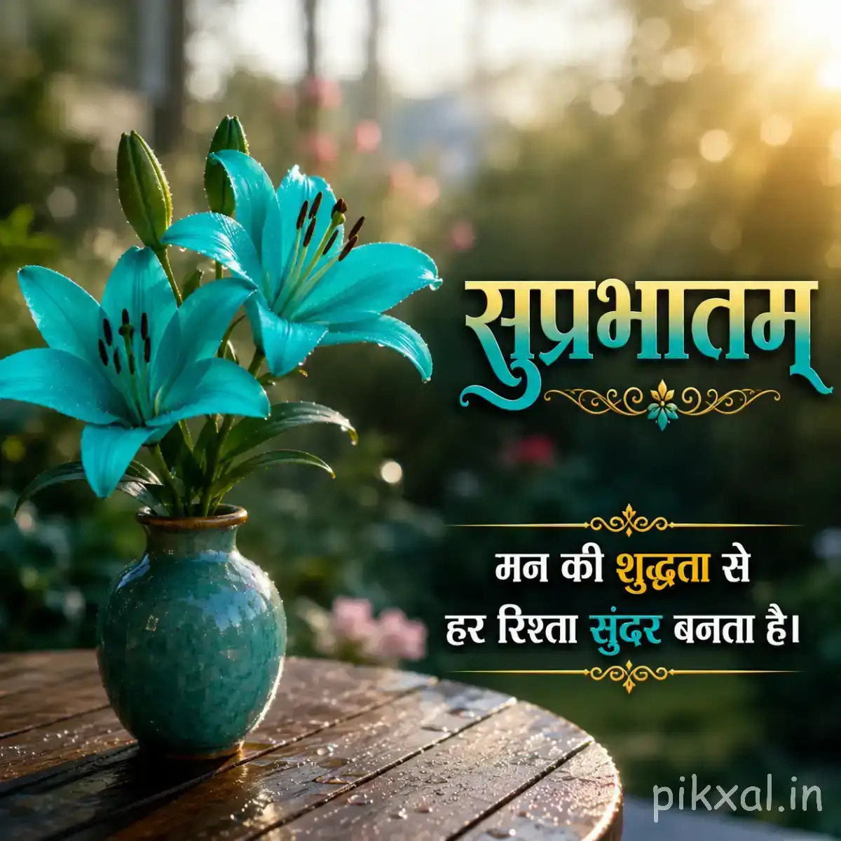 Turquoise-blue flowers arranged in a small ceramic vase on a wooden table with greenery behind