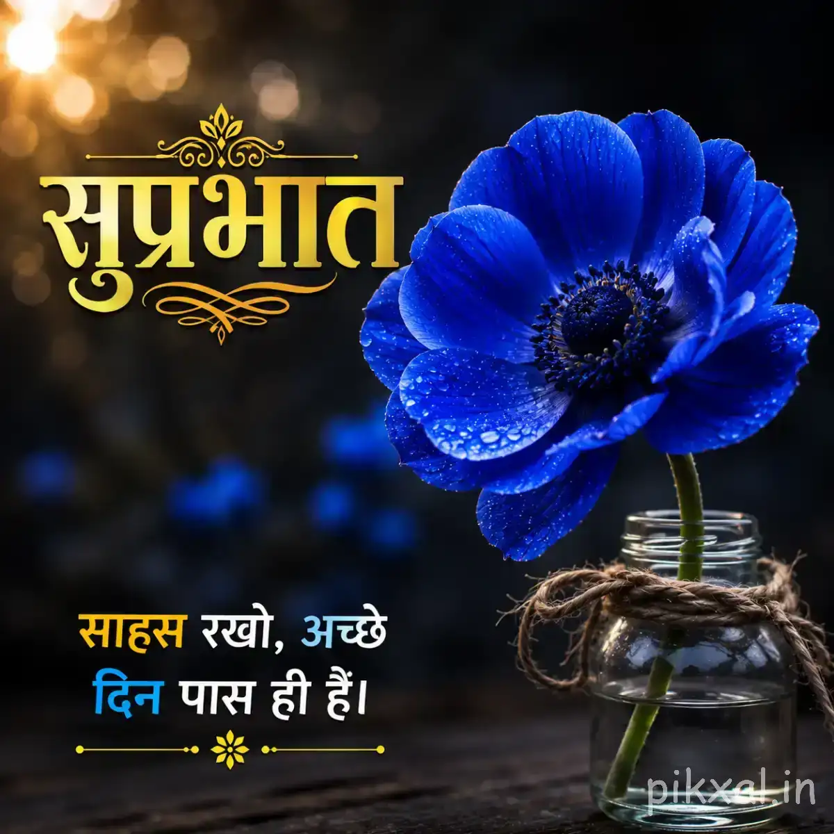Single deep blue flower with layered petals and a dark center beside a small glass vase