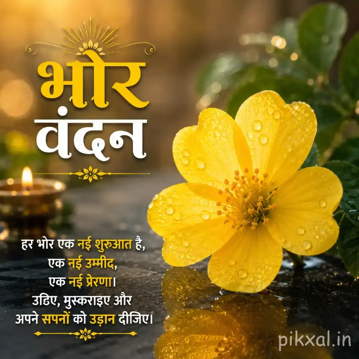 Single yellow flower with five rounded petals and visible water droplets on a reflective surface