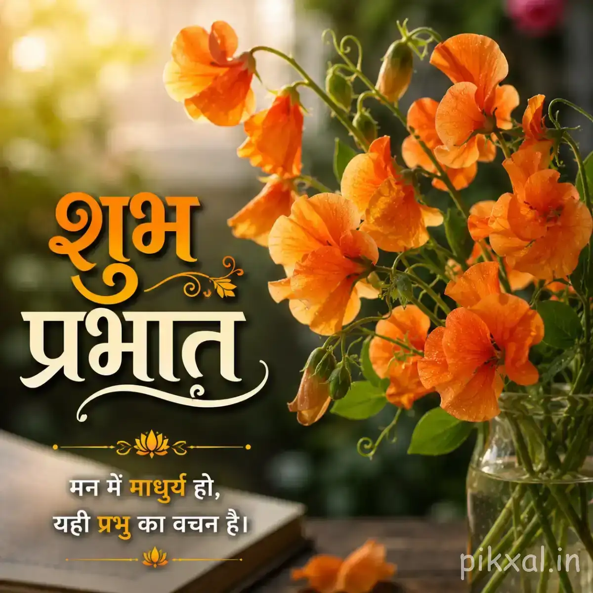 Several orange flowers with rounded petals arranged on leafy stems against a warm blurred background