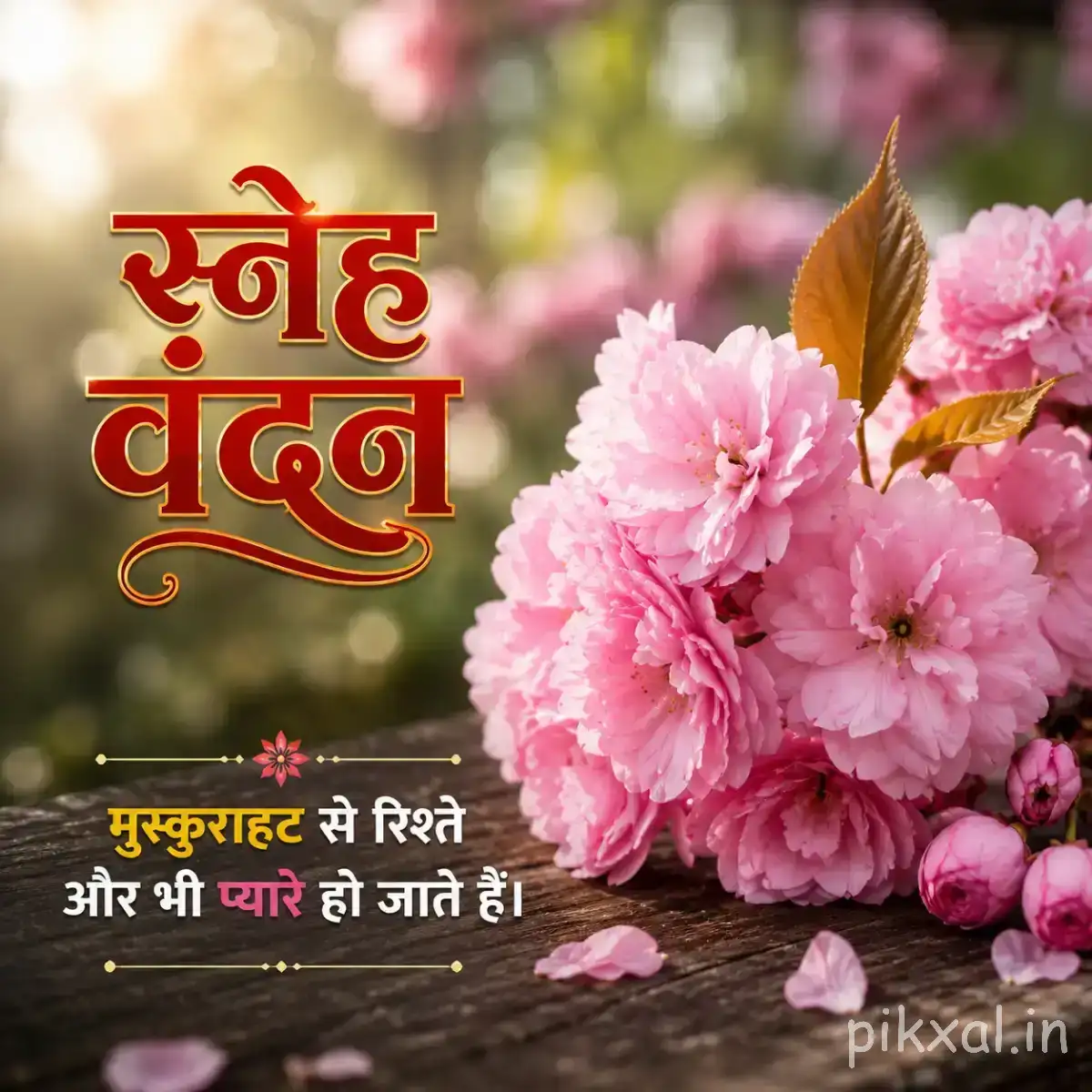 Cluster of pale pink flowers with layered petals and green foliage beside a Hindi morning wish