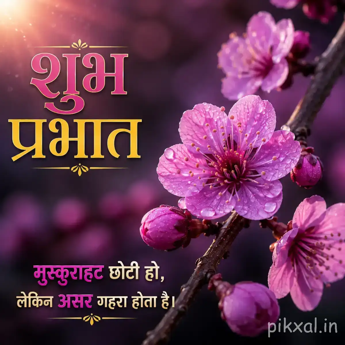 Purple flowers on a dark branch with a Hindi Good Morning wish
