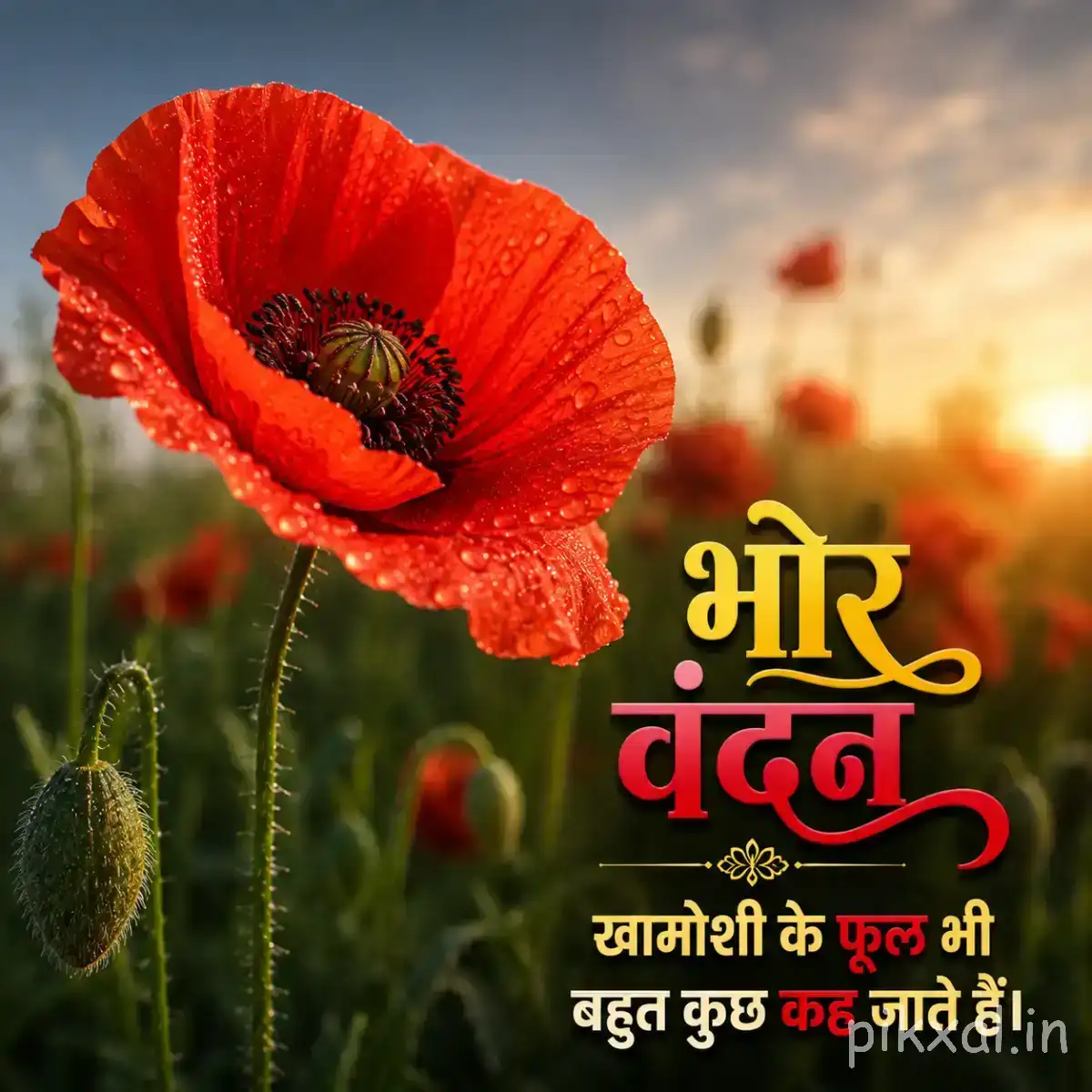 Single red-orange flower with a dark center and unopened buds against a softly blurred garden background