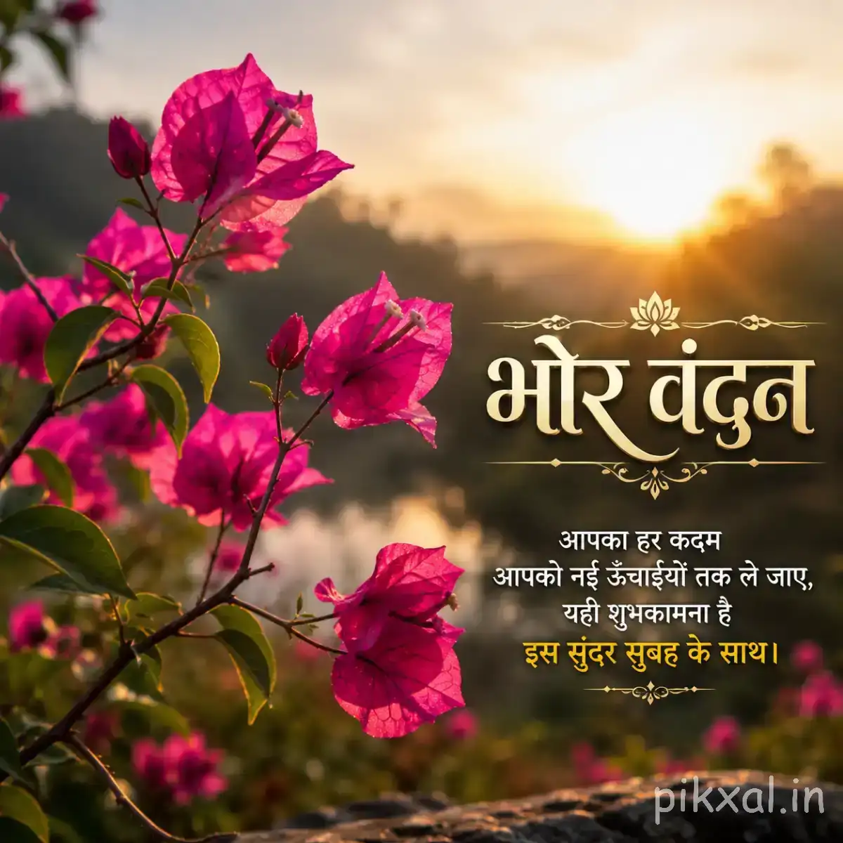 Pink flowers on branching stems against a warm sunrise with a Hindi morning wish