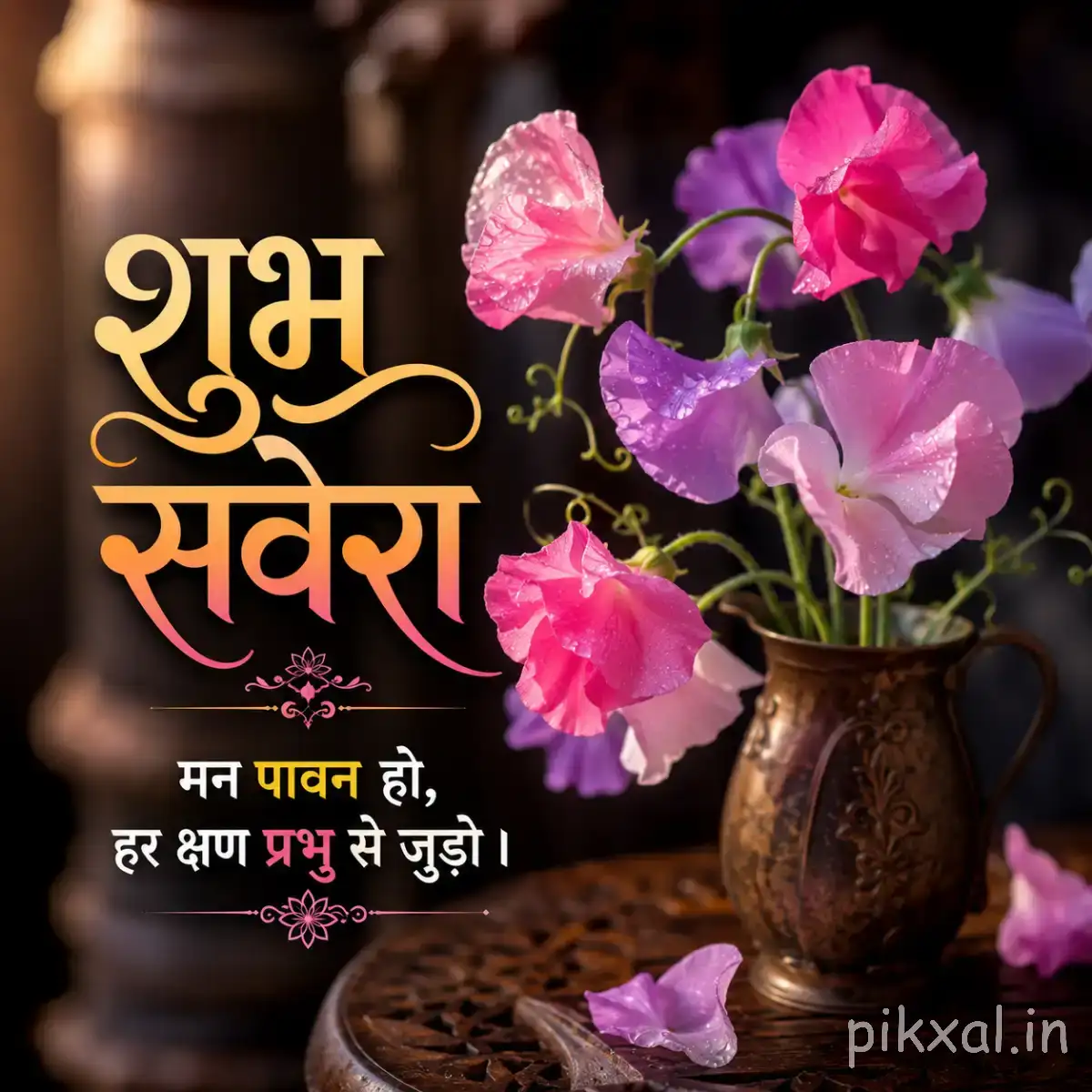 Pink and purple flowers arranged in a dark vase on a wooden surface with a Hindi morning wish
