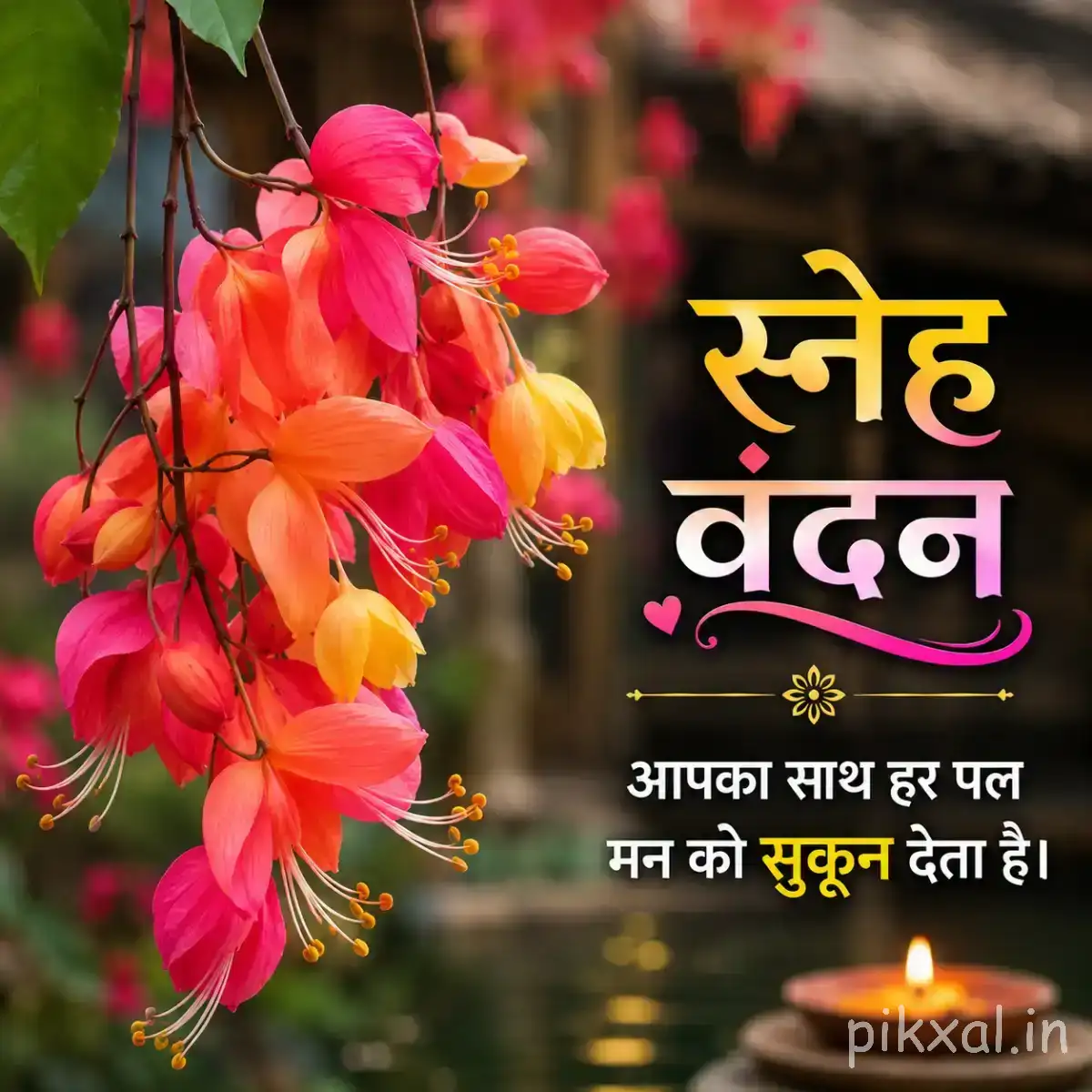 Pink and orange flowers hanging from a leafy branch with a Hindi morning wish