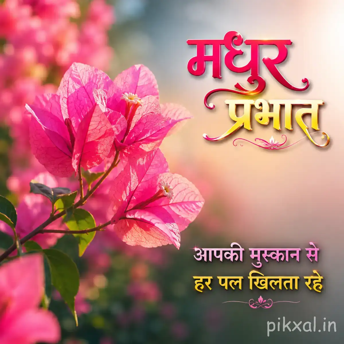 Pink flowers on branching stems against a soft green background with a Hindi morning wish