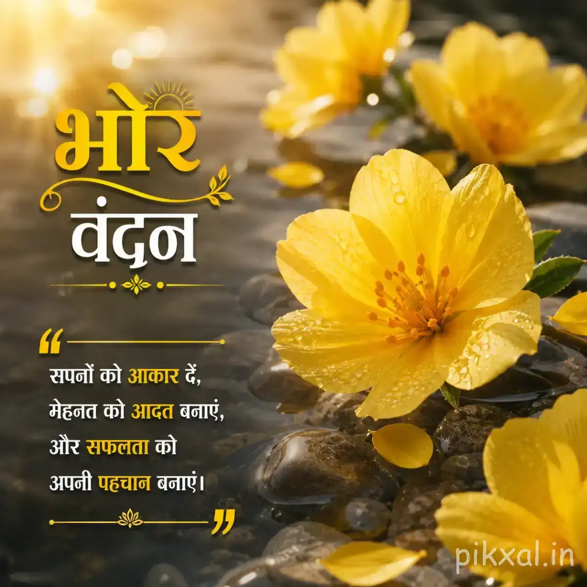 Yellow flowers with rounded petals floating on water beside a Hindi morning wish