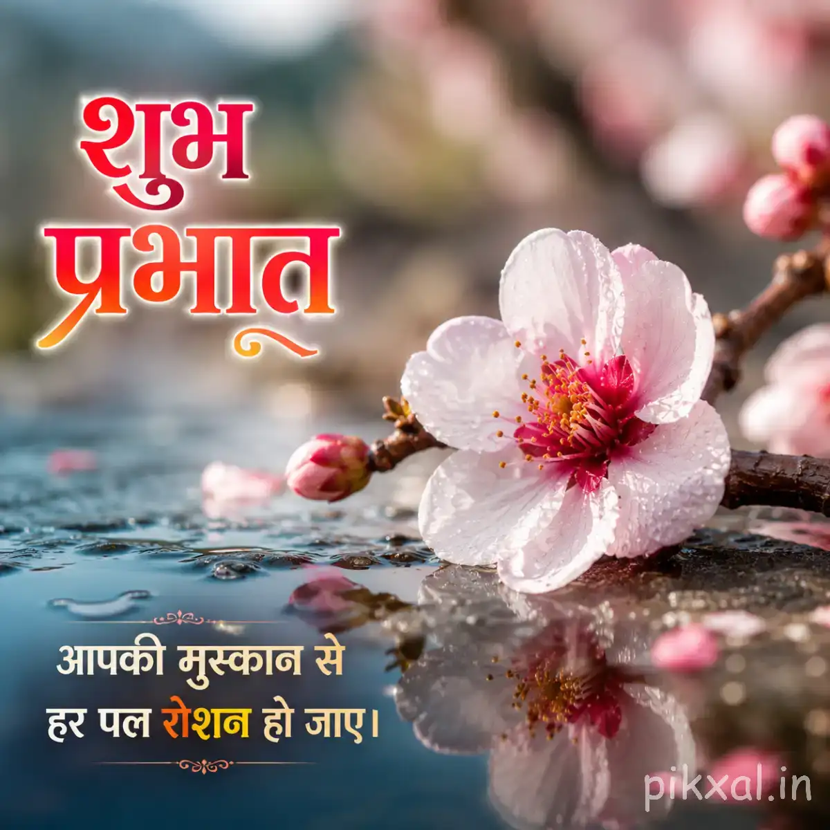 White and yellow flowers with pink centers beside water with a Hindi Good Morning wish