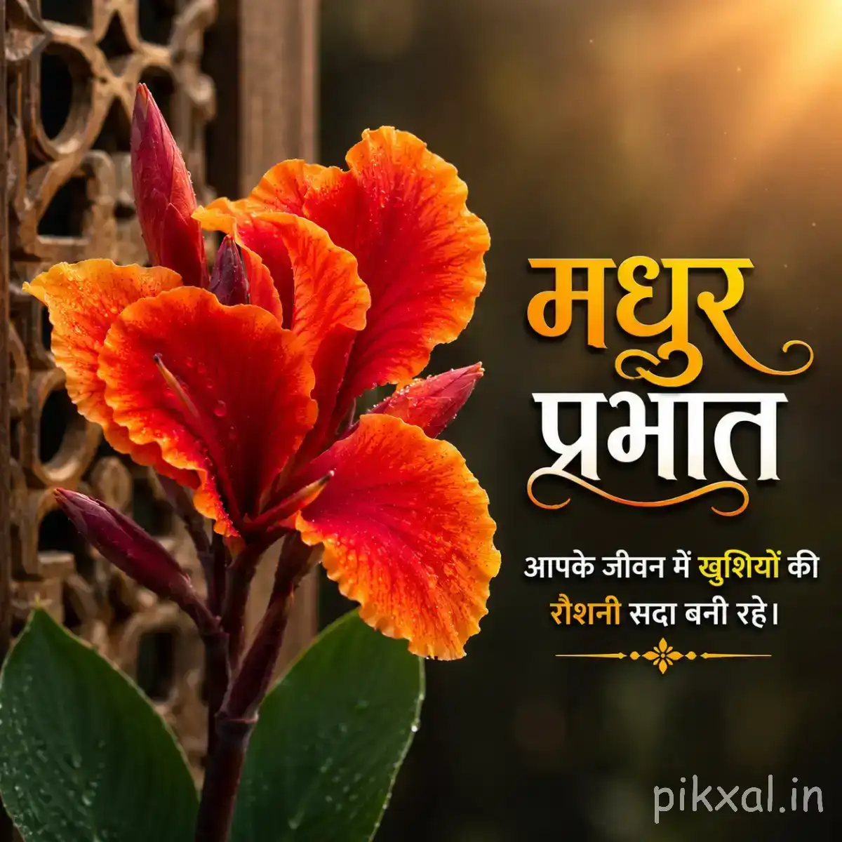 Red-orange flowers with ruffled petals and broad green leaves against a warm golden background