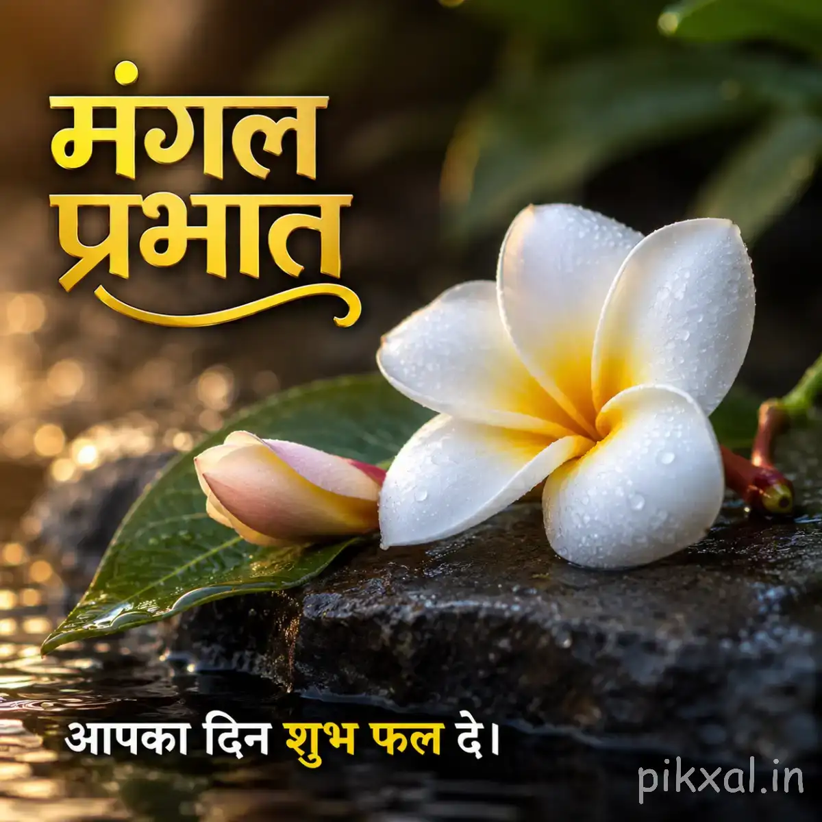 White flower with five rounded petals resting on a dark wet surface with green leaves