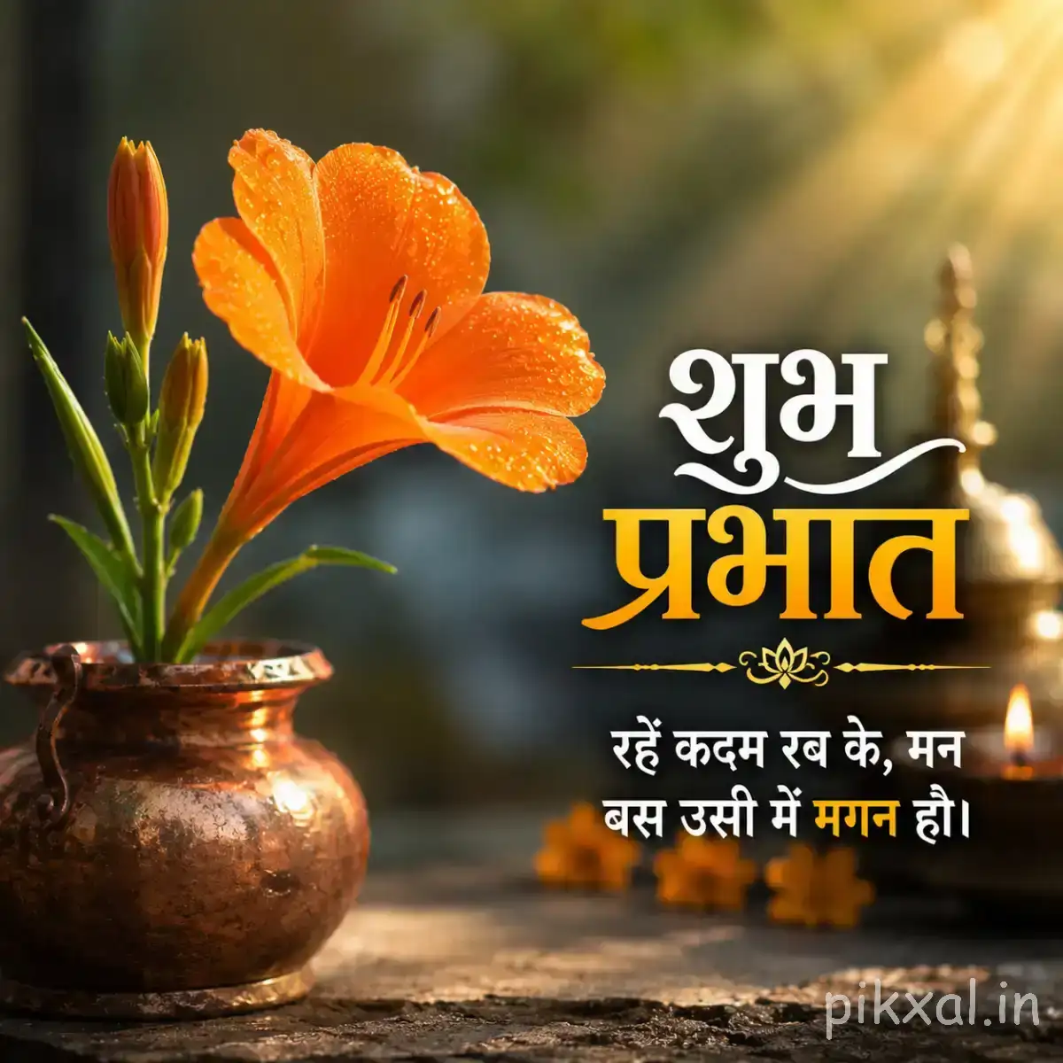 Single orange flower with broad petals and an unopened bud in a small brass vase