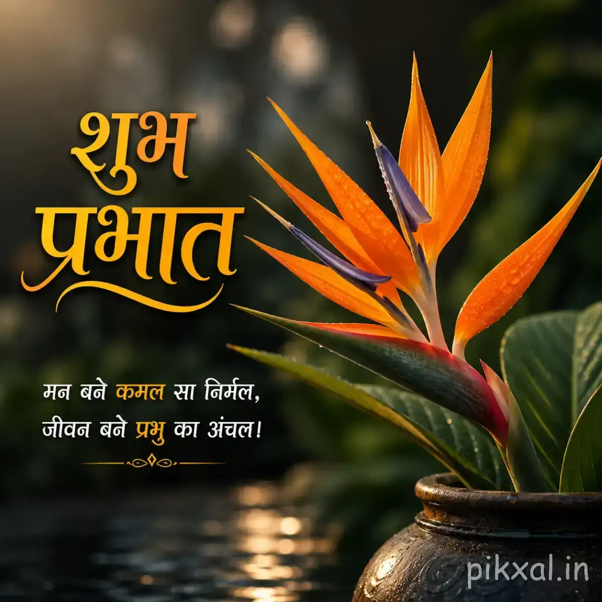 Orange pointed flowers with long narrow petals beside a reflective water surface and green leaves
