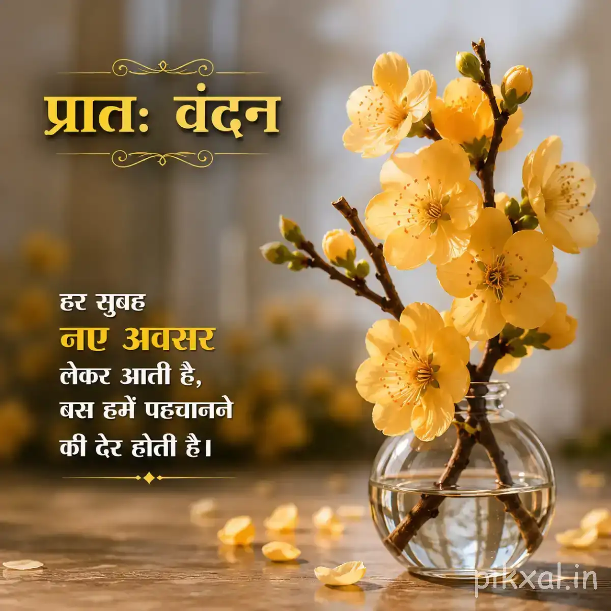 Cluster of pale yellow flowers on branching stems arranged in a small glass vase