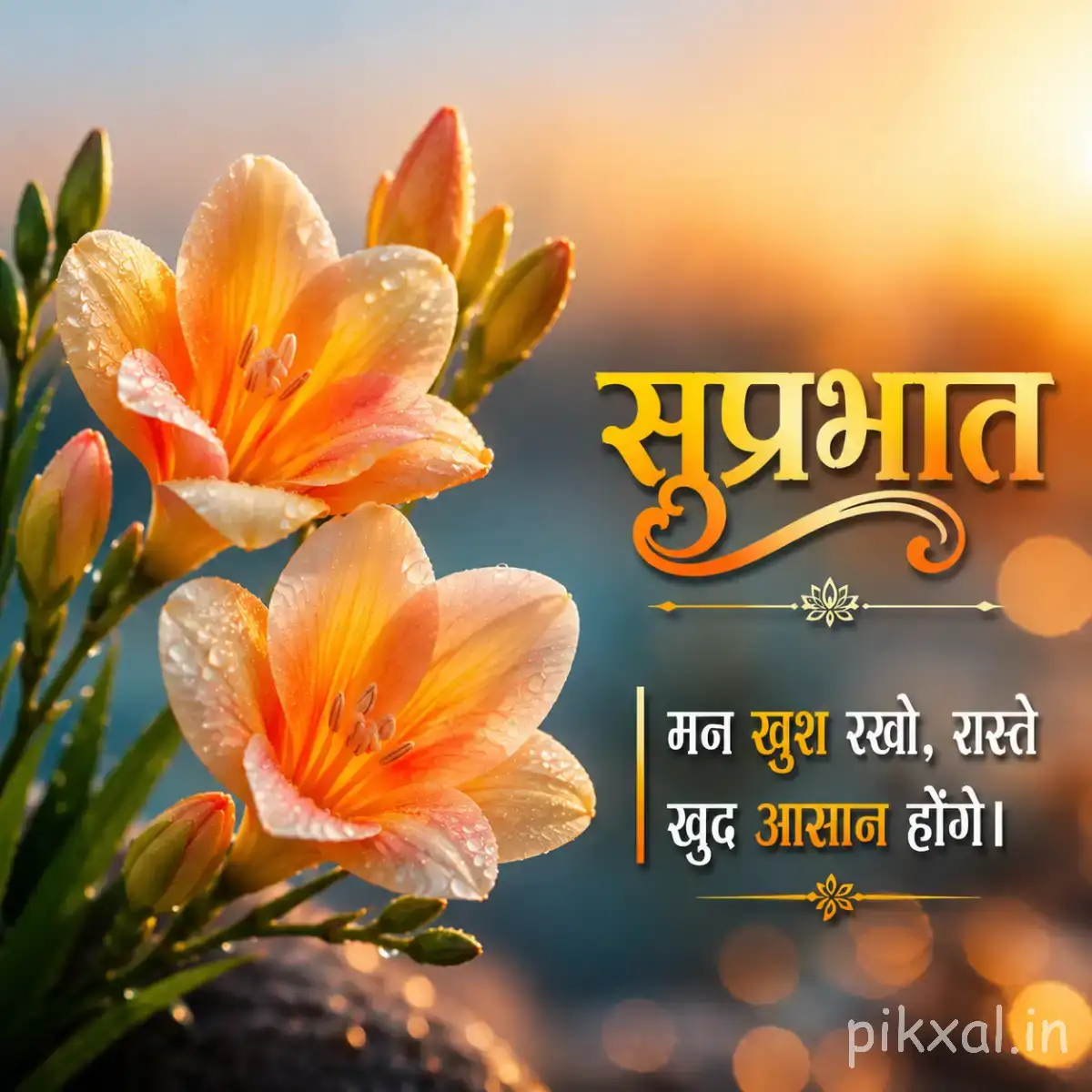 Two orange flowers with layered petals and green leaves against a softly blurred golden background