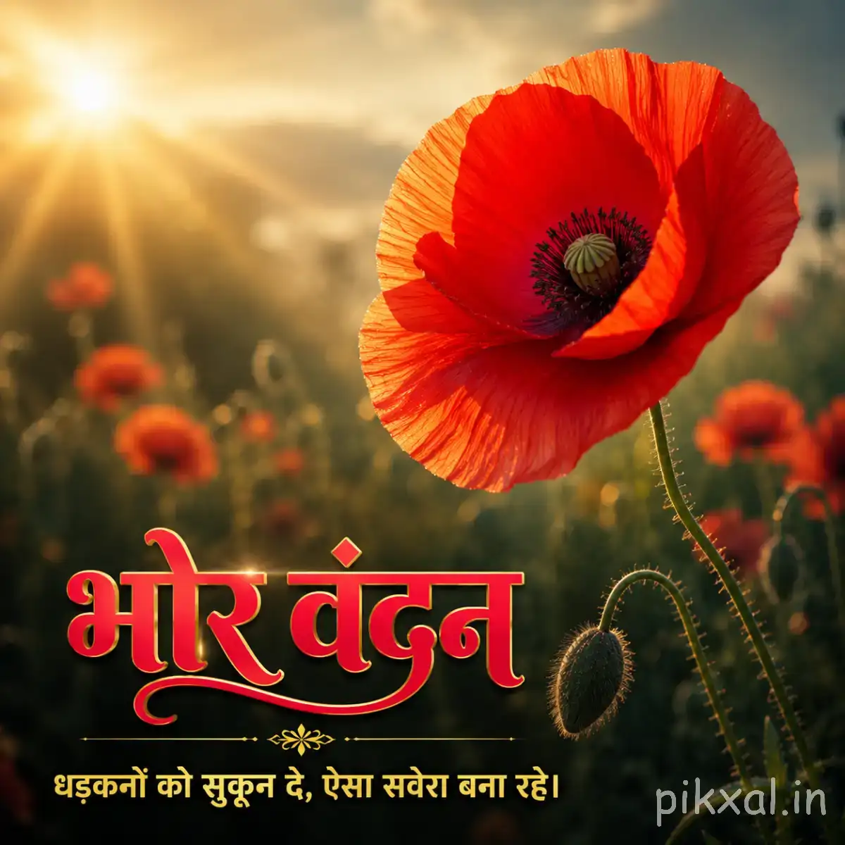 Single red flower with a dark center and broad petals against a warm sunrise background