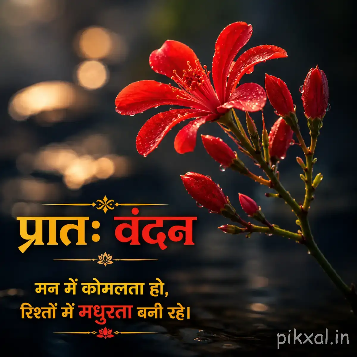 Several red flowers with narrow curved petals and unopened buds on a leafy stem