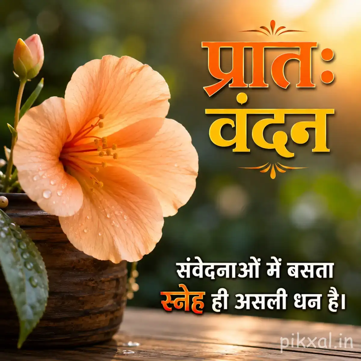 Peach-colored flower with broad overlapping petals and a green leaf against a softly blurred background