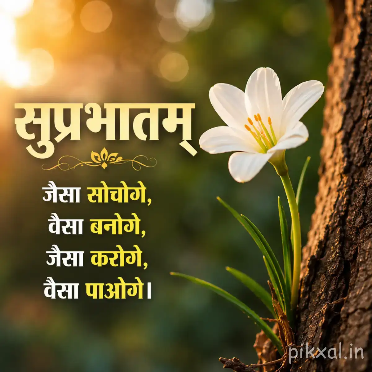 White flower with narrow petals and a yellow center beside green leaves and a tree trunk
