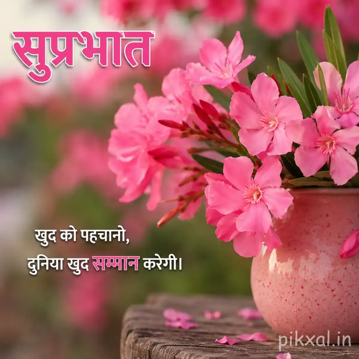 Cluster of small pink flowers on leafy branches with a Hindi Good Morning wish