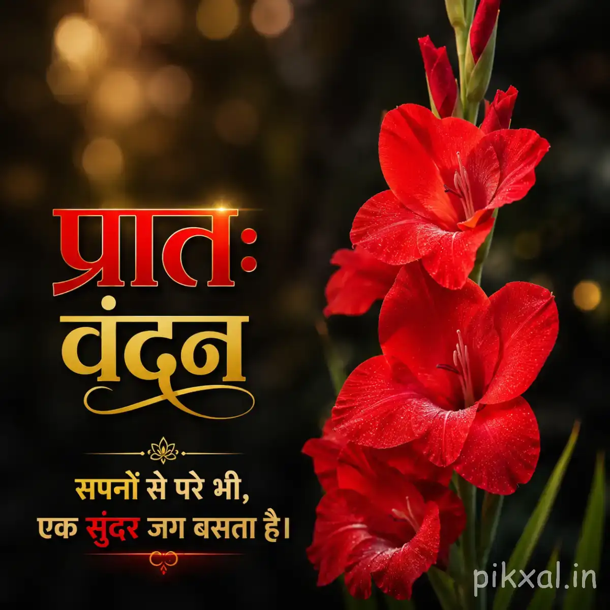 Several red flowers with narrow curved petals and green stems against a dark blurred background
