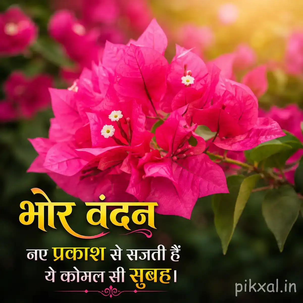 Cluster of bright pink flowers with small white centers and green leaves beside a Hindi morning wish