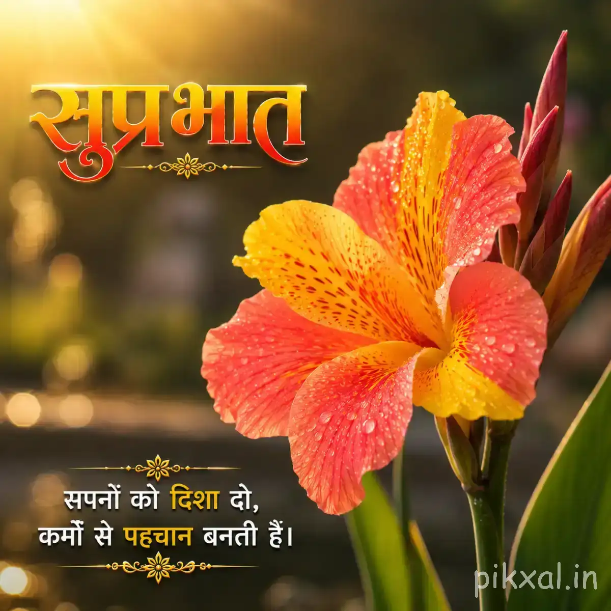 Orange-red flower with yellow-speckled petals on a slender leafy stem with a Hindi Good Morning wish