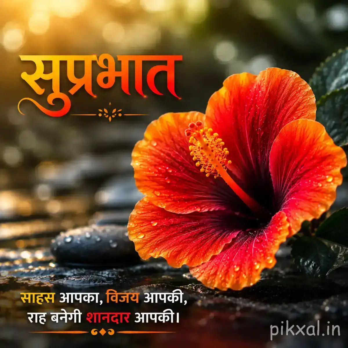 Wide-open red-orange flower with a dark center and layered petals against blurred greenery with a Hindi morning wish