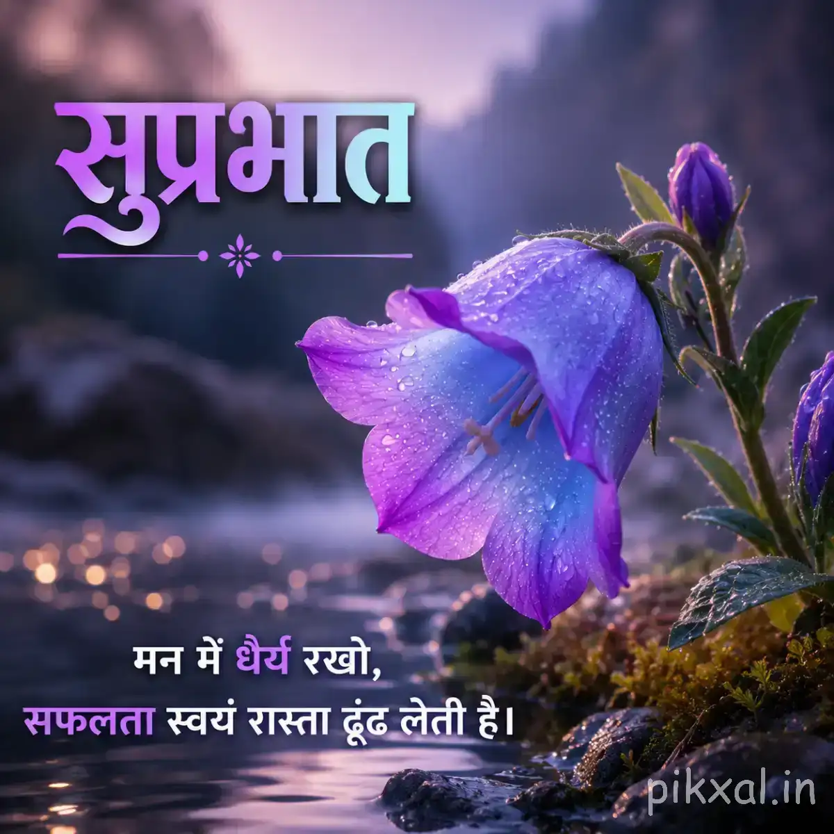 Purple bell-shaped flower with drooping petals and green foliage against a softly blurred background with a Hindi Good Morning wish