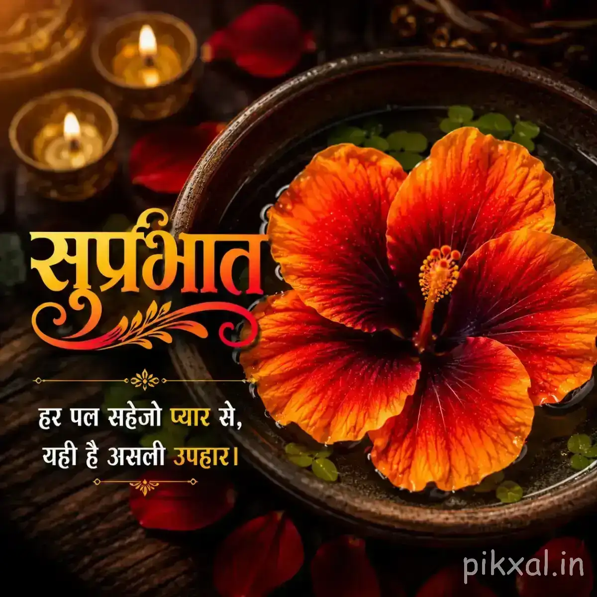 Large red-orange flower with a dark center displayed on a dark round surface beside glowing lamps and a Hindi wish