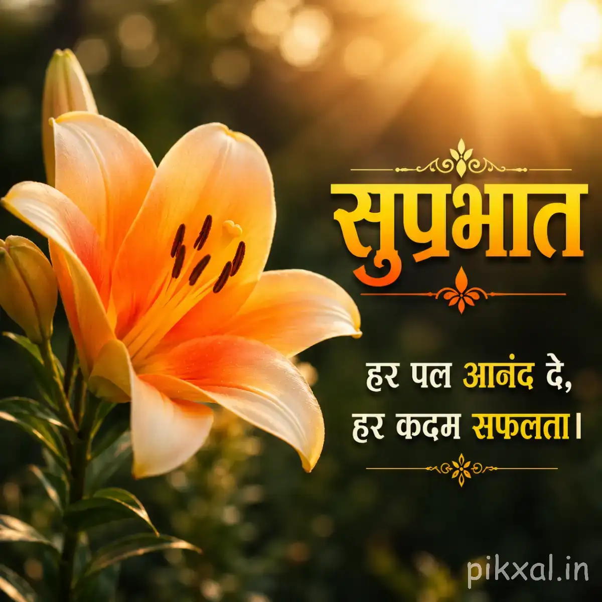 Peach-orange upright flower with elongated petals and dark markings, surrounded by green leaves and a Hindi Good Morning wish