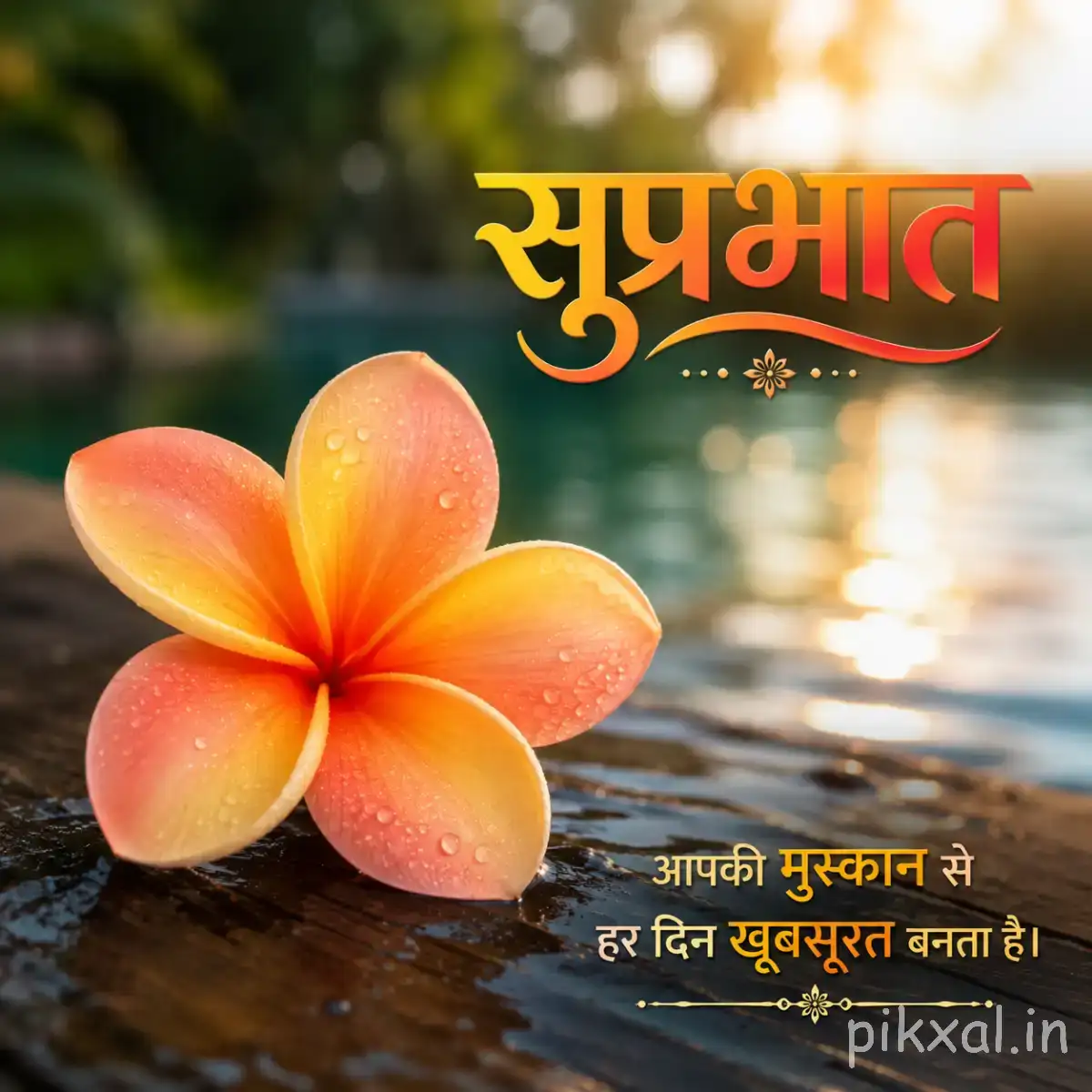 Peach and pale pink five-petaled flower beside water and rocks with a Hindi Good Morning message