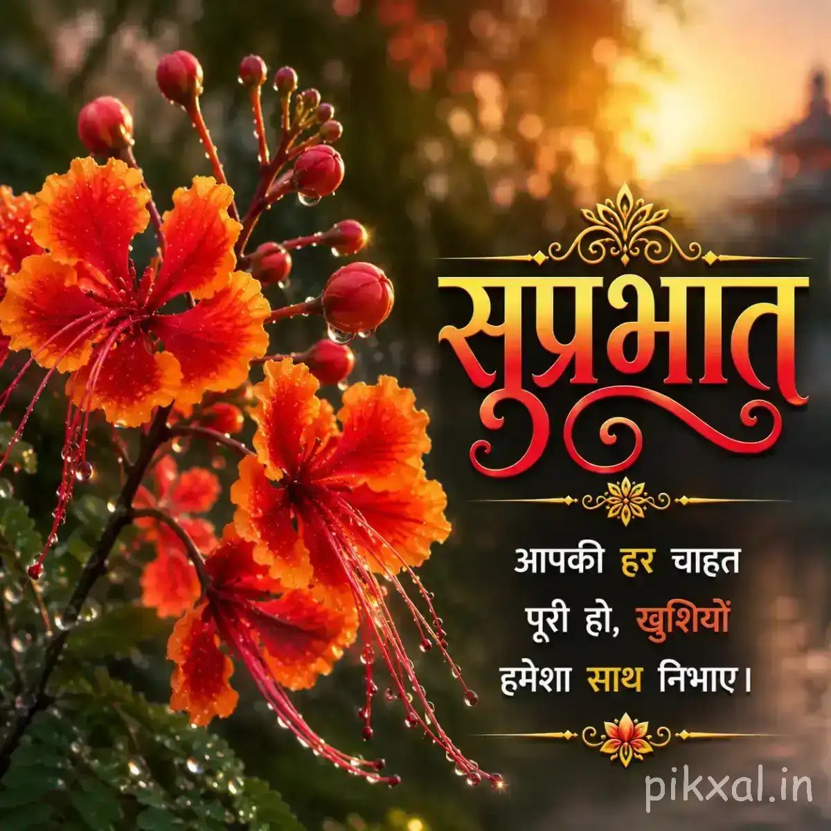 Cluster of small orange-red flowers and unopened buds on branching stems with a Hindi Good Morning wish