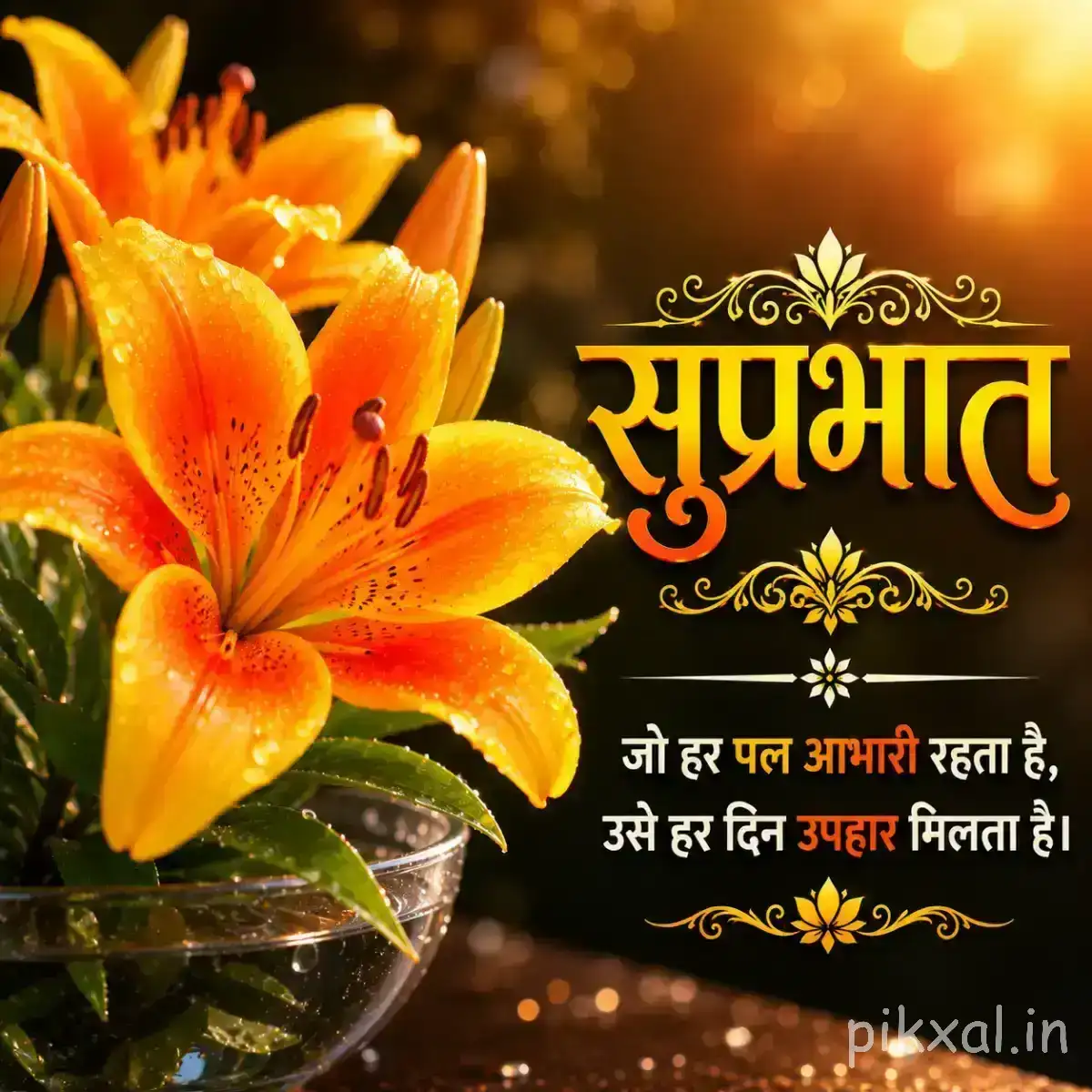 Several orange-yellow flowers with elongated overlapping petals among green leaves and a Hindi Good Morning message
