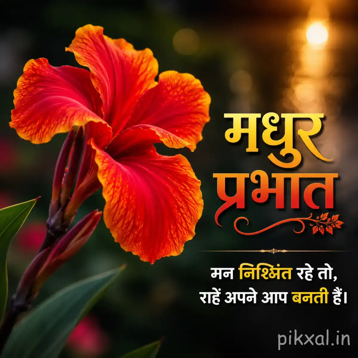 Two red-orange flowers with ruffled petals and green leaves against blurred greenery with a Hindi morning wish