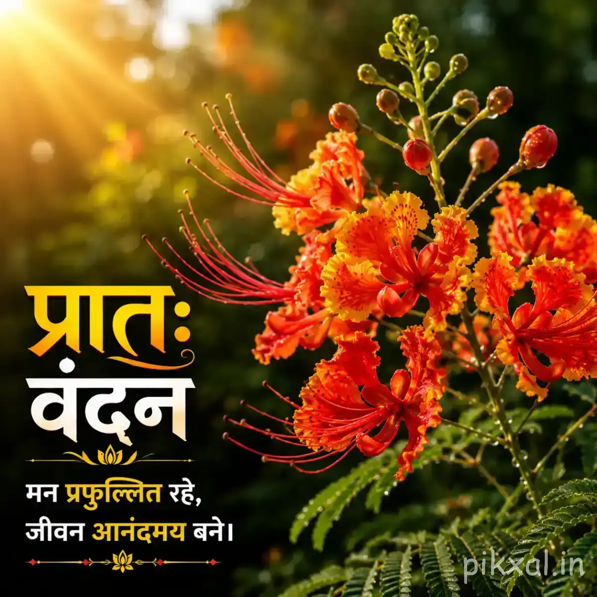Branching cluster of orange-red flowers with long protruding stamens and numerous unopened buds with a Hindi morning wish