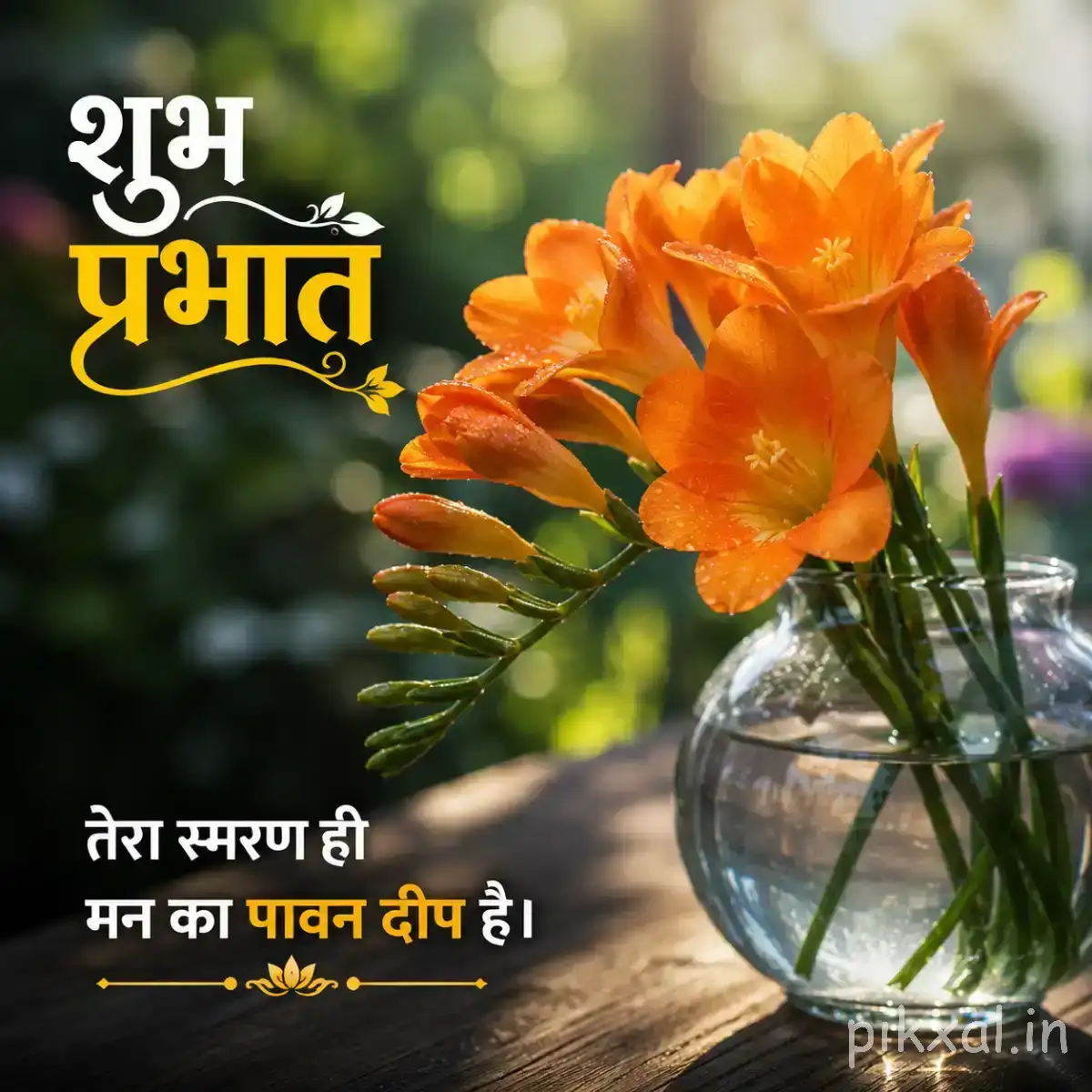 Cluster of orange flowers arranged in a glass vase with green leaves against a softly blurred background