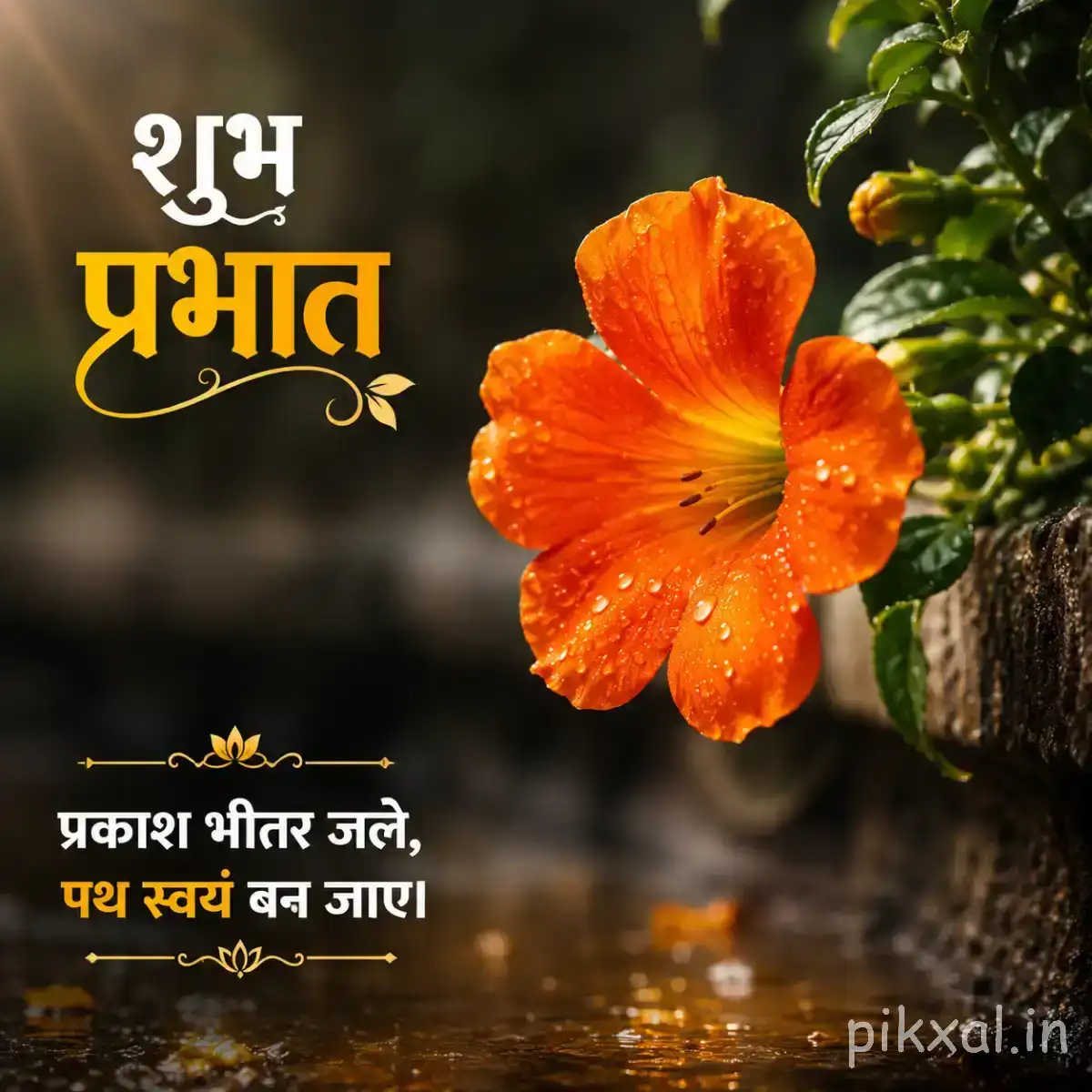 Single orange flower with broad rounded petals and a dark center beside green leaves with a Hindi morning wish