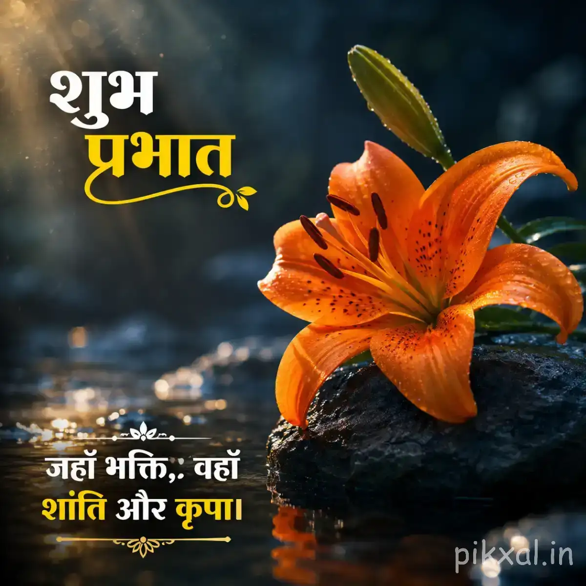 Single orange flower with elongated petals growing beside dark stones and green foliage with a Hindi morning wish