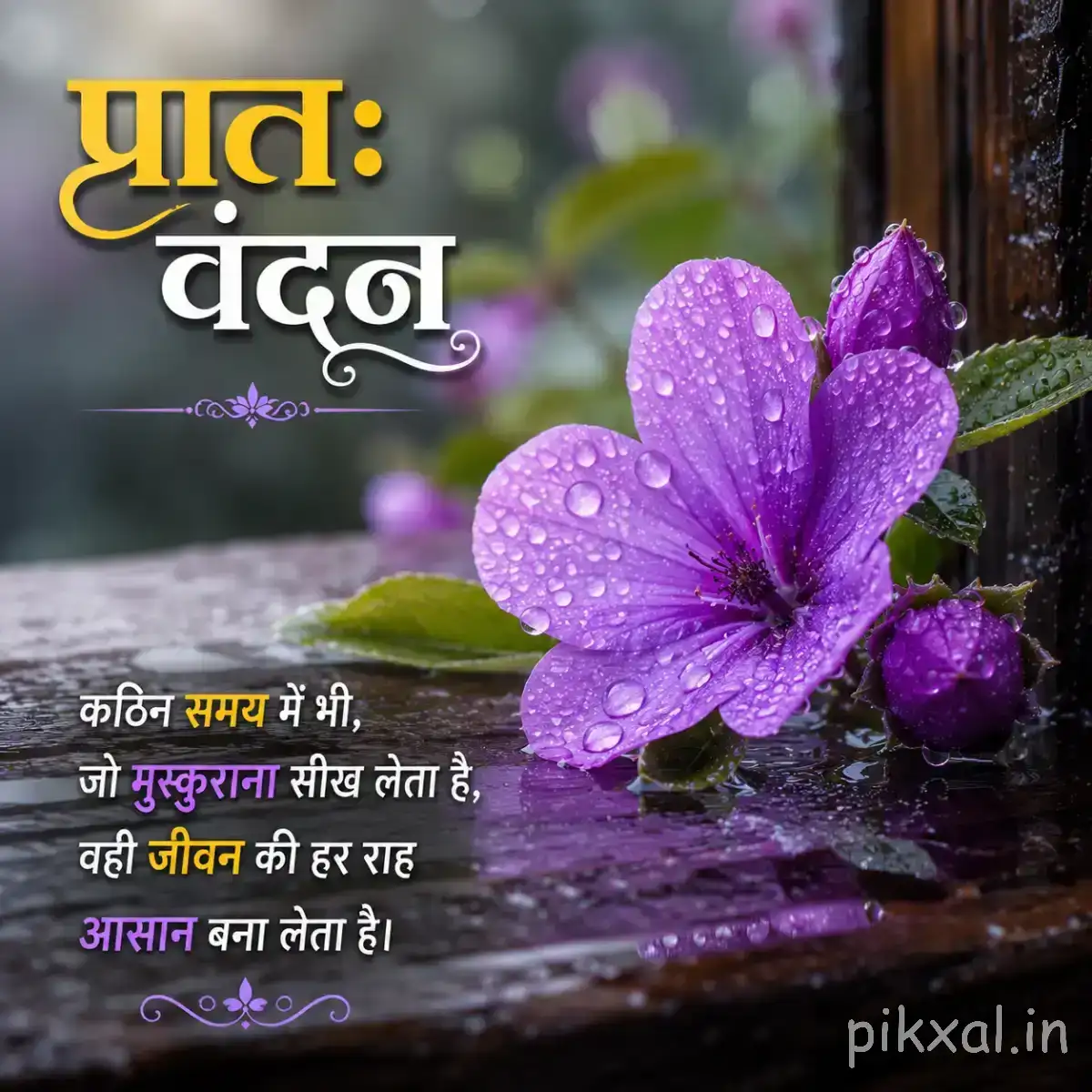 Purple flowers with water droplets beside a dark wooden surface and soft greenery