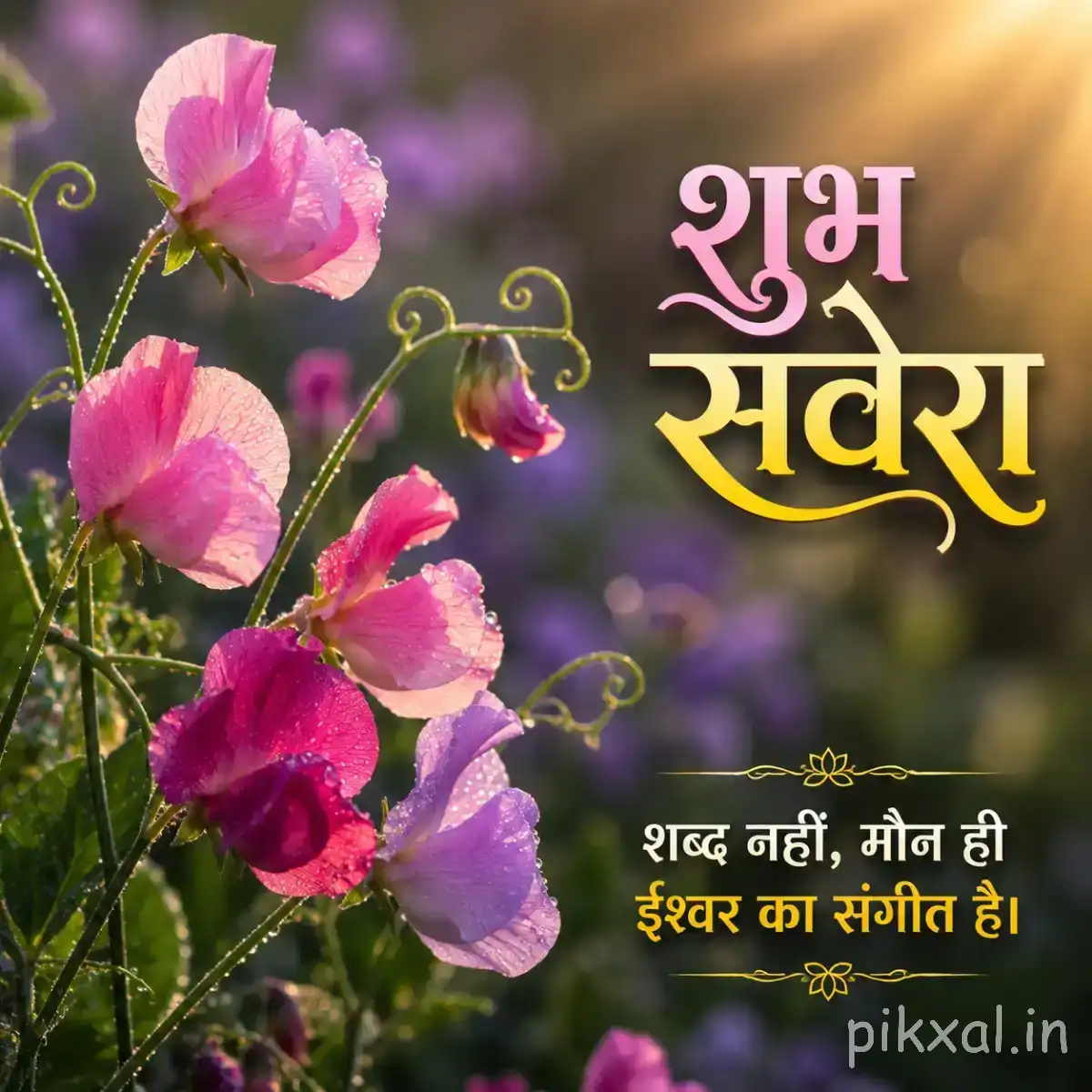 Pink hanging flowers on slender curved stems with green foliage and a Hindi Good Morning wish