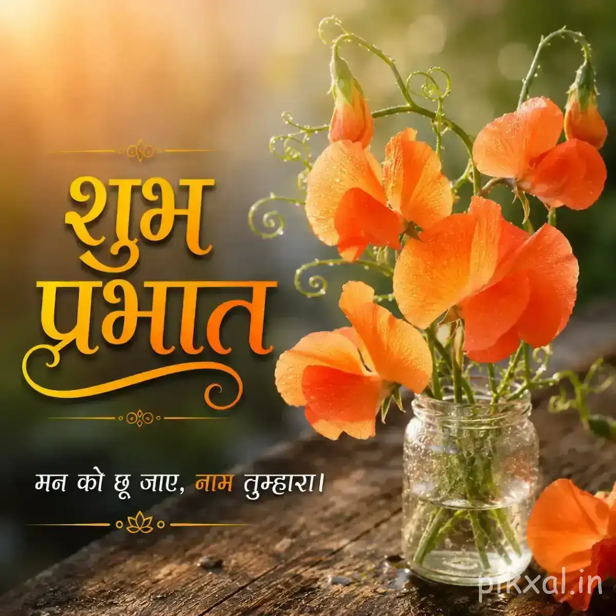 Orange flowers with curling stems arranged in a clear glass jar on a wooden surface