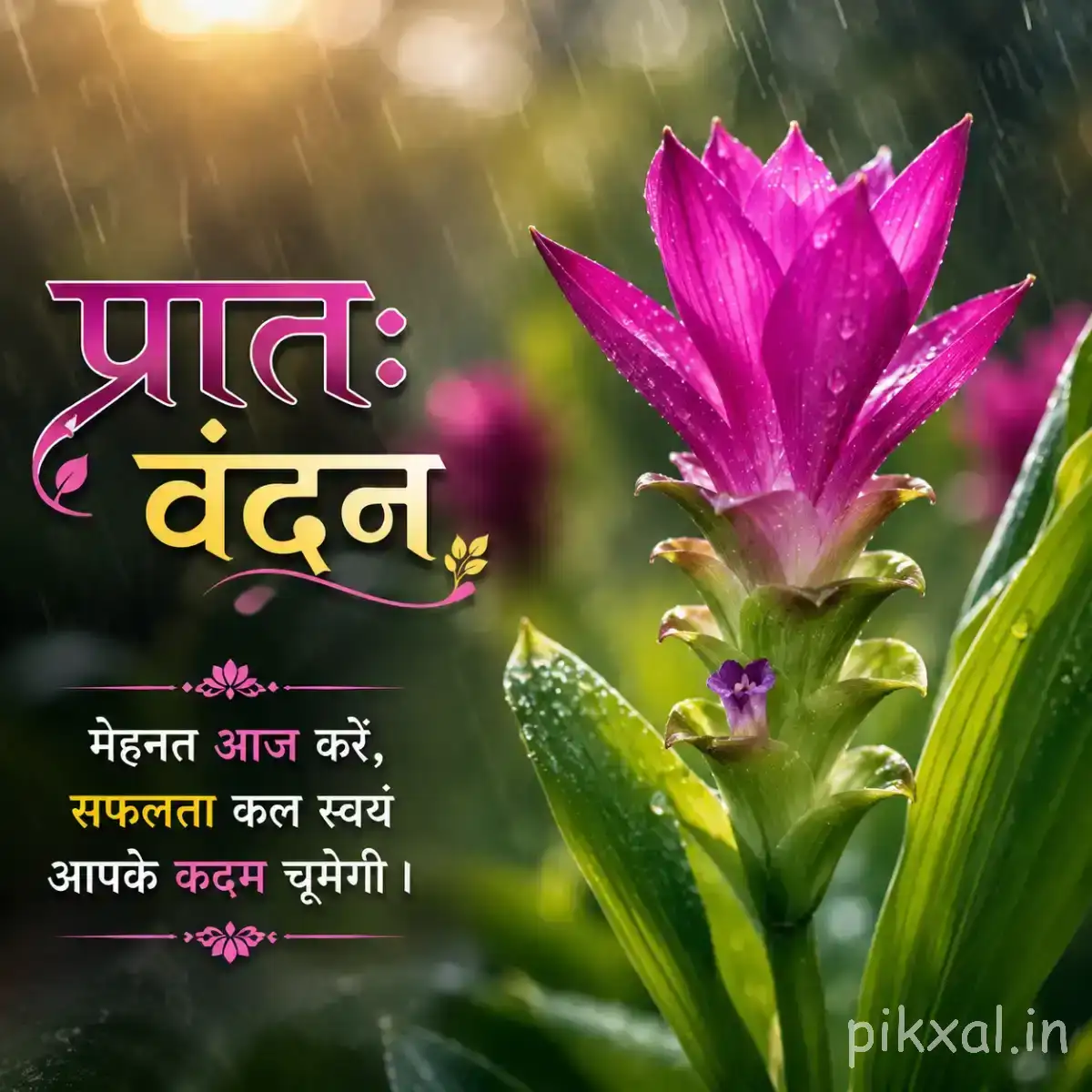 Bright magenta flower with layered petals and long green leaves